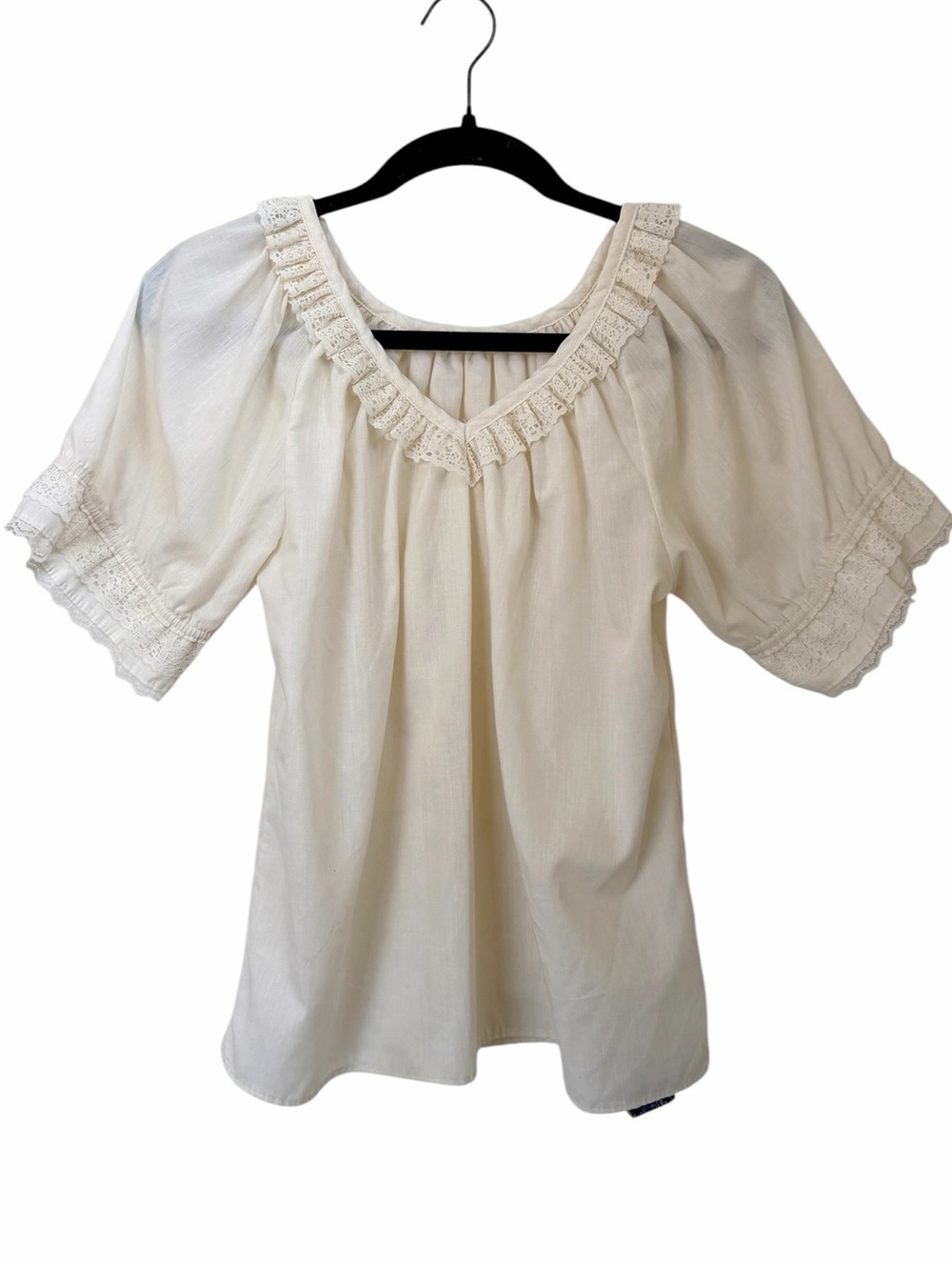 Vintage Rockmount Ranch Tru West Wear Cream Lace Trim Peasant Top V Neck Blouse